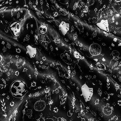 PJ-660-Black Spooky Skeleton Satin Pajamas Ghost Pumpkin Halloween Pjs