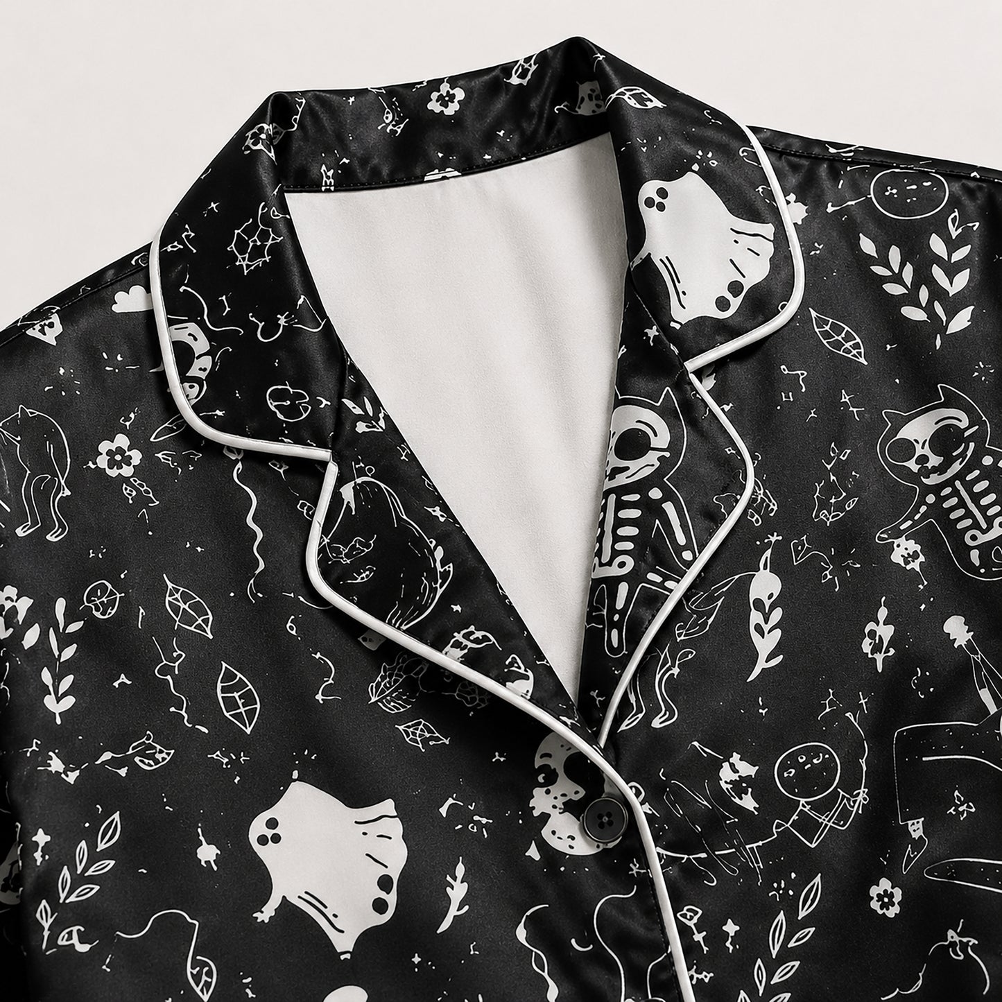 PJ-660-Black Spooky Skeleton Satin Pajamas Ghost Pumpkin Halloween Pjs