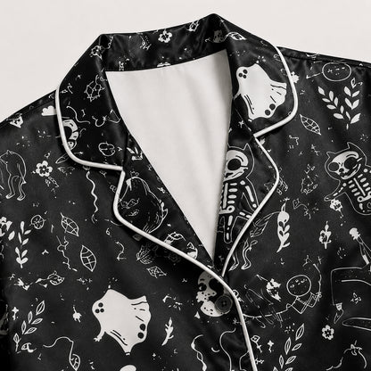 PJ-660-Black Spooky Skeleton Satin Pajamas Ghost Pumpkin Halloween Pjs