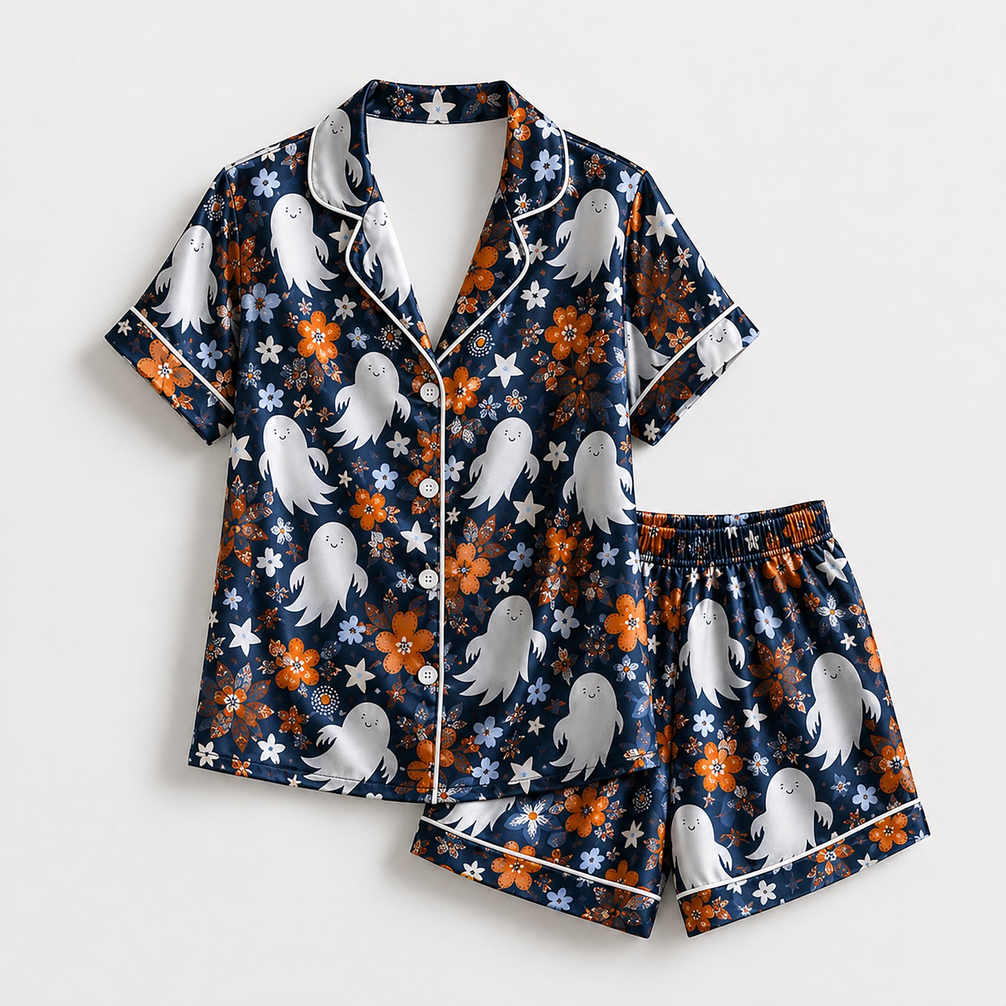 PJ-662-Halloween Satin Pajama Set, Spooky Printed Sleepwear, Cozy Fall Loungewear