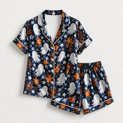 PJ-662-Halloween Satin Pajama Set, Spooky Printed Sleepwear, Cozy Fall Loungewear