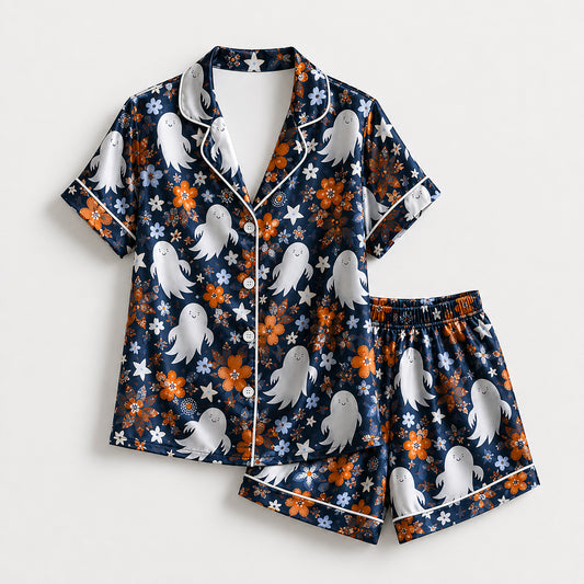 PJ-662-Halloween Satin Pajama Set, Spooky Printed Sleepwear, Cozy Fall Loungewear