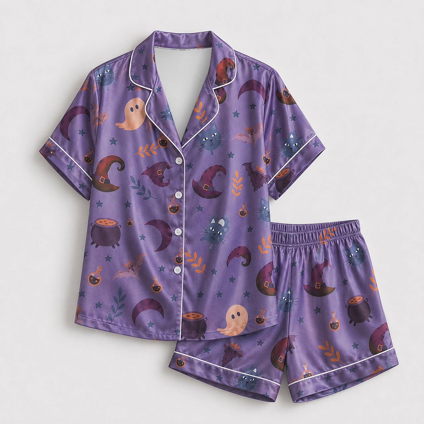 PJ-664-Spooky Season Satin Pajama Set White And Purple, Halloween Printed Nightwear, Soft Matching Sleepwear, Cozy Fall Loungewear