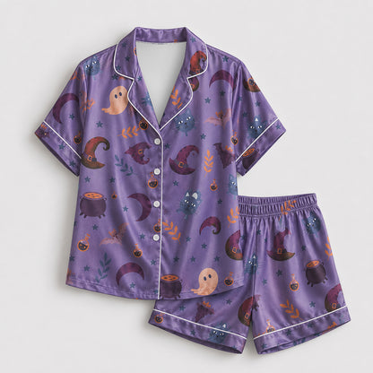 PJ-664-Spooky Season Satin Pajama Set White And Purple, Halloween Printed Nightwear, Soft Matching Sleepwear, Cozy Fall Loungewear