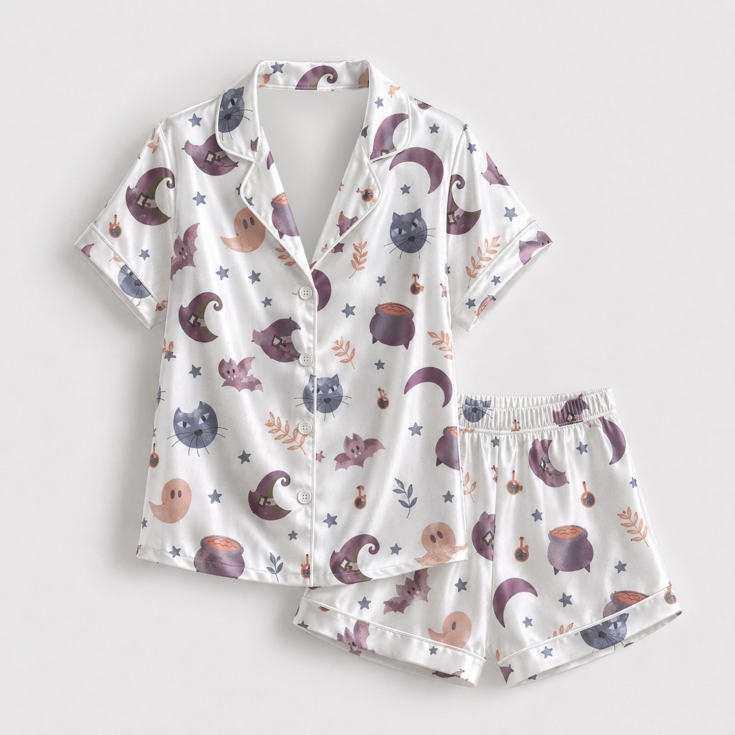 PJ-664-Spooky Season Satin Pajama Set White And Purple, Halloween Printed Nightwear, Soft Matching Sleepwear, Cozy Fall Loungewear