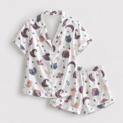 PJ-664-Spooky Season Satin Pajama Set White And Purple, Halloween Printed Nightwear, Soft Matching Sleepwear, Cozy Fall Loungewear