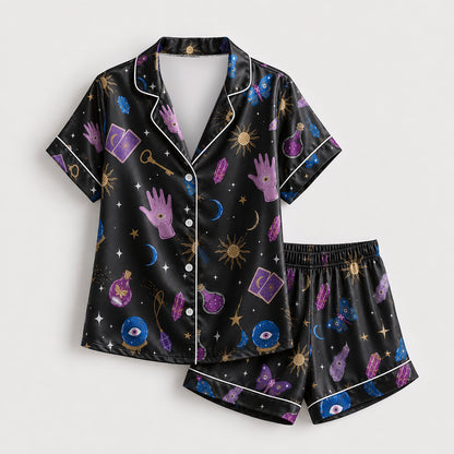PJ-666-Gothic Halloween Satin Pajamas Purple And Black, Spooky Pattern Nightwear, Dark Fall Lounge Set, Alternative Halloween Sleepwear