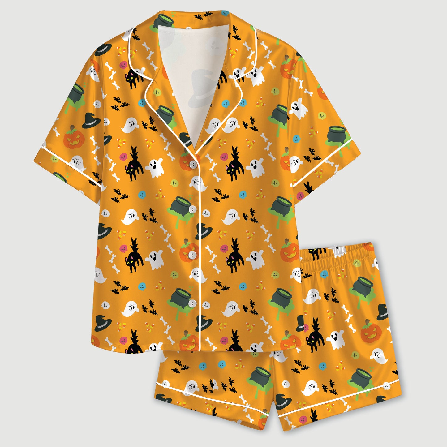 PJ-667-Orange Purple Halloween Pattern Satin Pajamas Ghost Pumpkin Cat Sleepwear Pjs