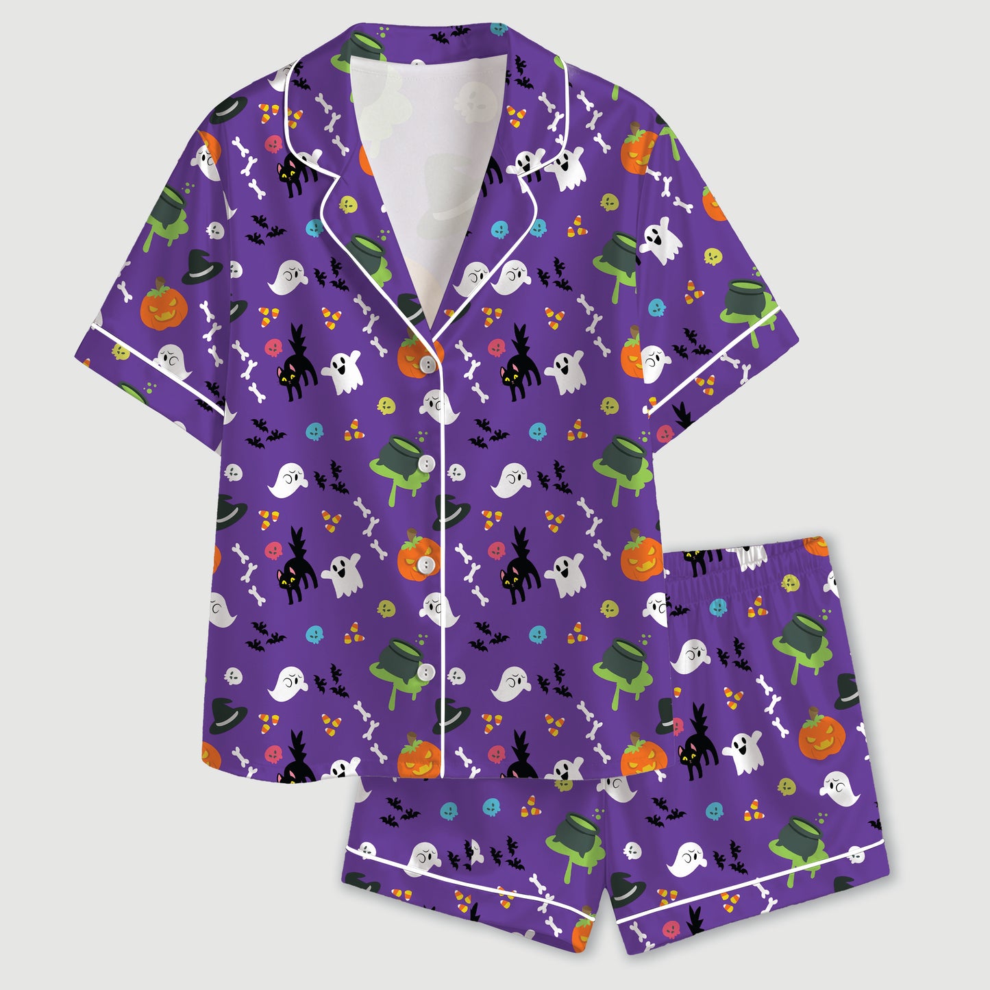 PJ-667-Orange Purple Halloween Pattern Satin Pajamas Ghost Pumpkin Cat Sleepwear Pjs