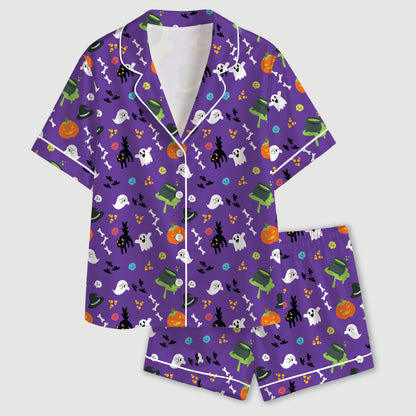 PJ-667-Orange Purple Halloween Pattern Satin Pajamas Ghost Pumpkin Cat Sleepwear Pjs