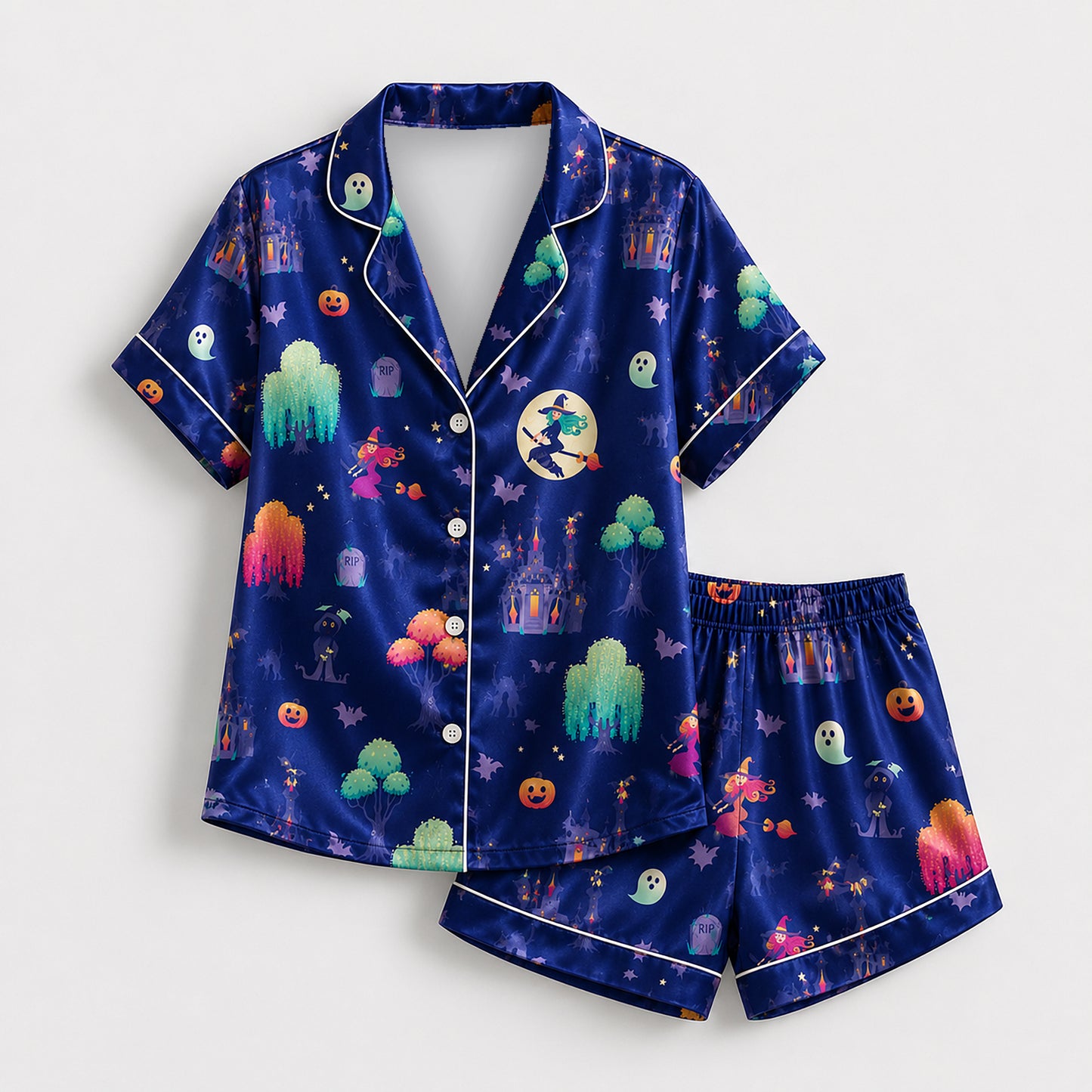 PJ-668-Spooky Celebration Satin Pajamas, Festive Halloween Sleepwear Set, Relaxed Autumn Loungewear Gift