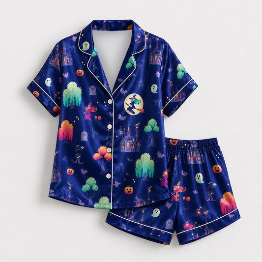PJ-668-Spooky Celebration Satin Pajamas, Festive Halloween Sleepwear Set, Relaxed Autumn Loungewear Gift