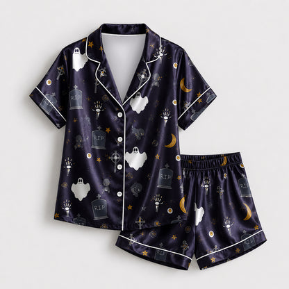 PJ-669-October Whimsy Pajama Set, Fun Halloween Satin Nightwear, Cozy Button Down Lounge Outfit