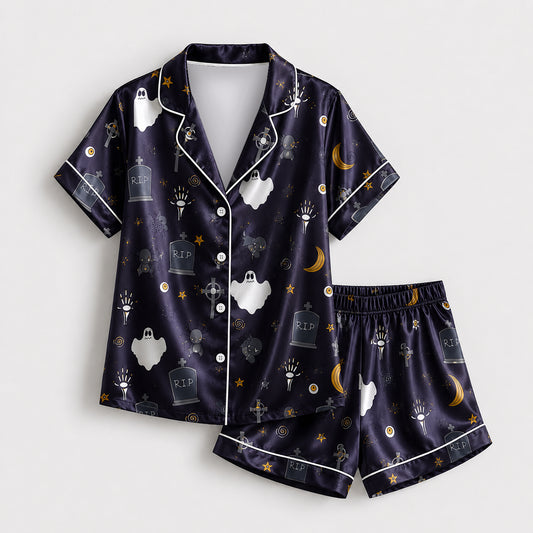 PJ-669-October Whimsy Pajama Set, Fun Halloween Satin Nightwear, Cozy Button Down Lounge Outfit