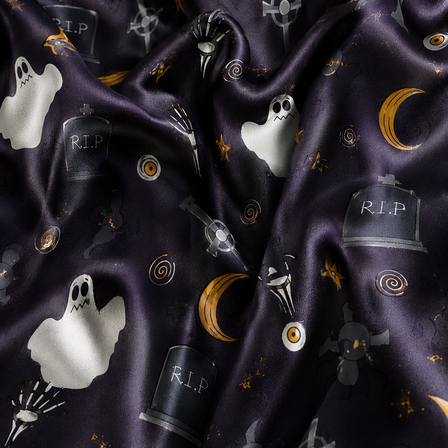 PJ-669-October Whimsy Pajama Set, Fun Halloween Satin Nightwear, Cozy Button Down Lounge Outfit