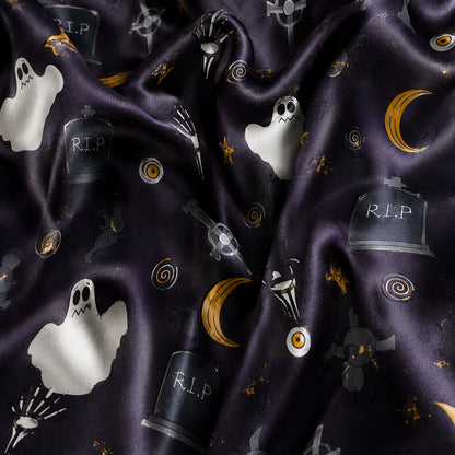 PJ-669-October Whimsy Pajama Set, Fun Halloween Satin Nightwear, Cozy Button Down Lounge Outfit
