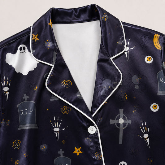 PJ-669-October Whimsy Pajama Set, Fun Halloween Satin Nightwear, Cozy Button Down Lounge Outfit