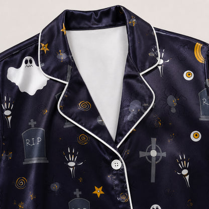 PJ-669-October Whimsy Pajama Set, Fun Halloween Satin Nightwear, Cozy Button Down Lounge Outfit