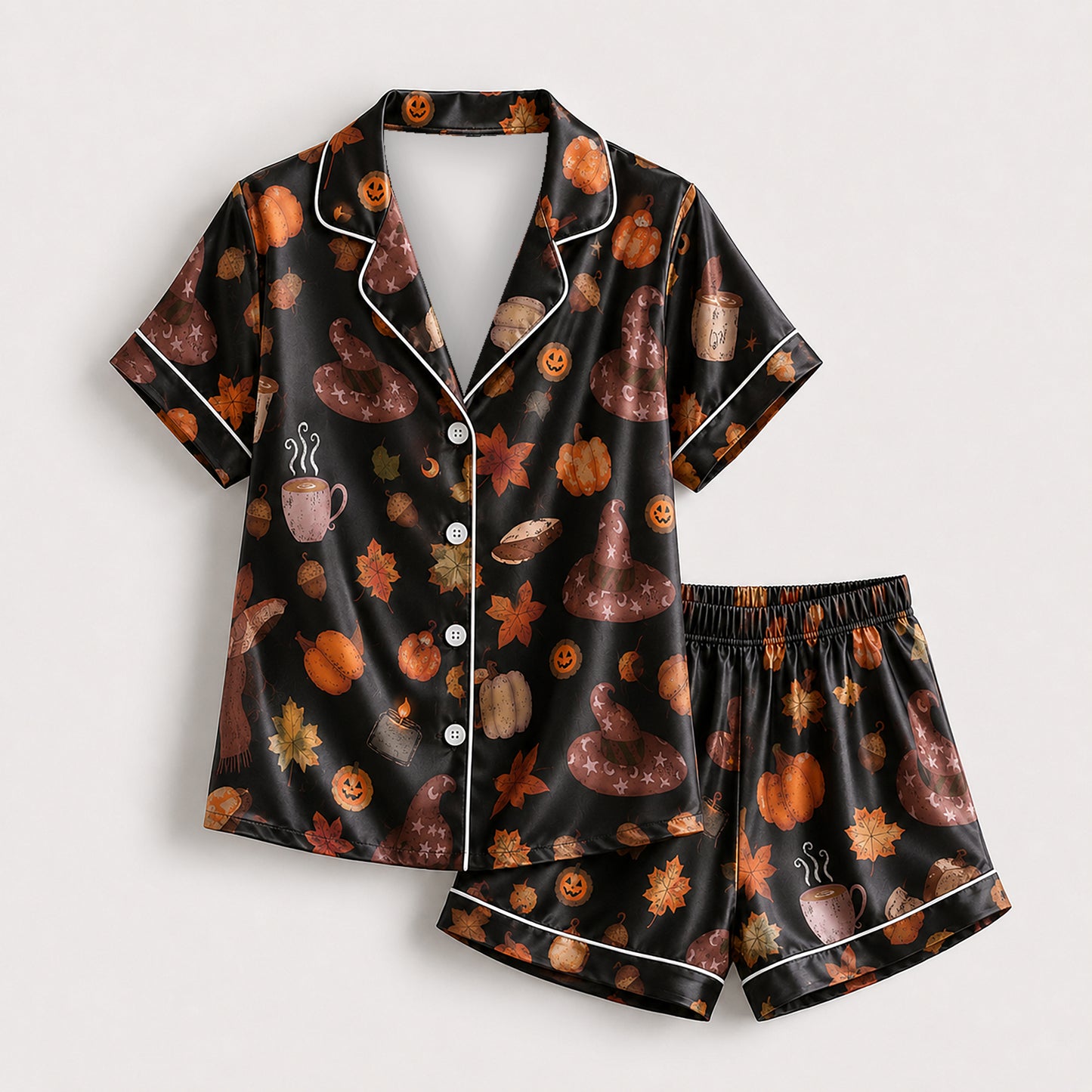 PJ-670-Spooky Sweet Pajama Set, Whimsical Halloween Satin Sleepwear, Cozy Autumn Lounge Set, Festive Gift