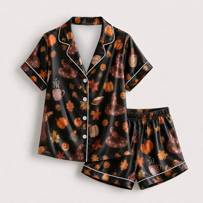 PJ-670-Spooky Sweet Pajama Set, Whimsical Halloween Satin Sleepwear, Cozy Autumn Lounge Set, Festive Gift