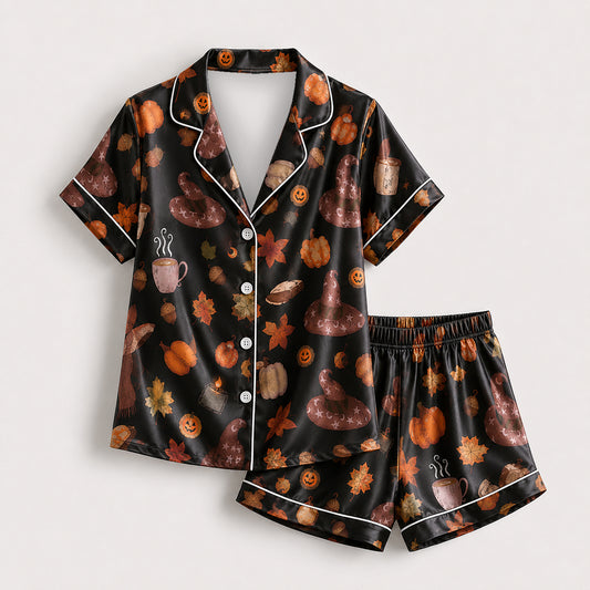 PJ-670-Spooky Sweet Pajama Set, Whimsical Halloween Satin Sleepwear, Cozy Autumn Lounge Set, Festive Gift