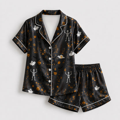 PJ-671-October Mischief Satin Pajamas, Fun Halloween Pattern Sleepwear, Soft Button Up Loungewear