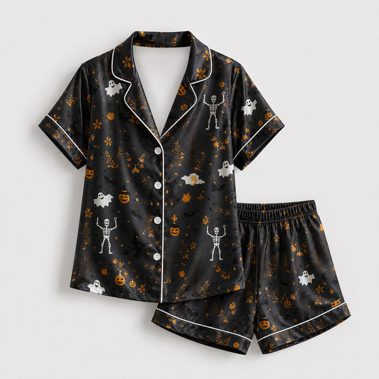 PJ-671-October Mischief Satin Pajamas, Fun Halloween Pattern Sleepwear, Soft Button Up Loungewear