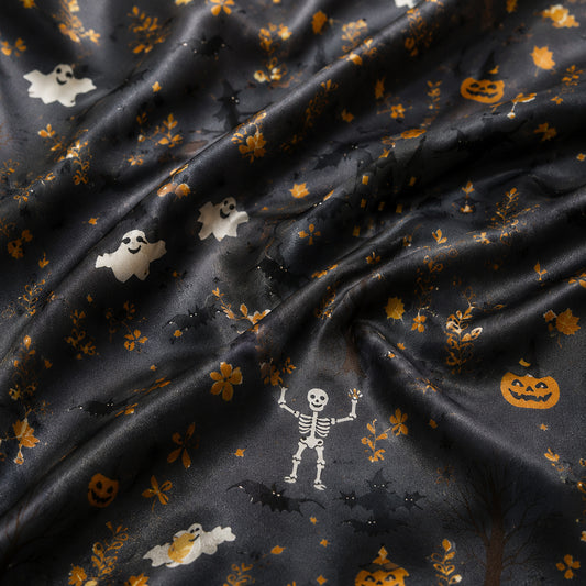 PJ-671-October Mischief Satin Pajamas, Fun Halloween Pattern Sleepwear, Soft Button Up Loungewear