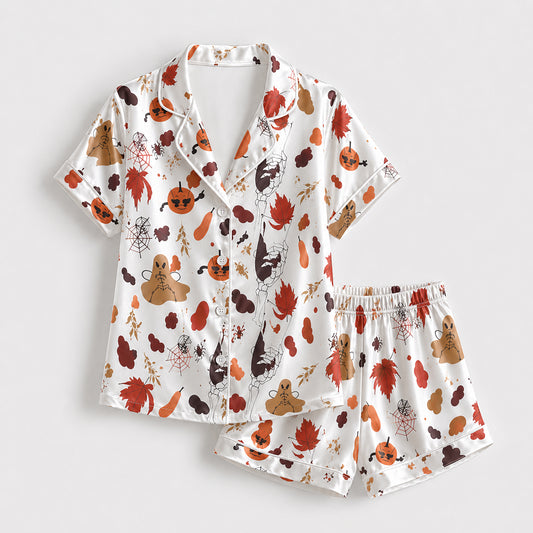 PJ-672-Halloween Magic Satin Pajama Set, Whimsical Printed Sleepwear, Cozy Autumn Loungewear, Seasonal Nightwear Gift