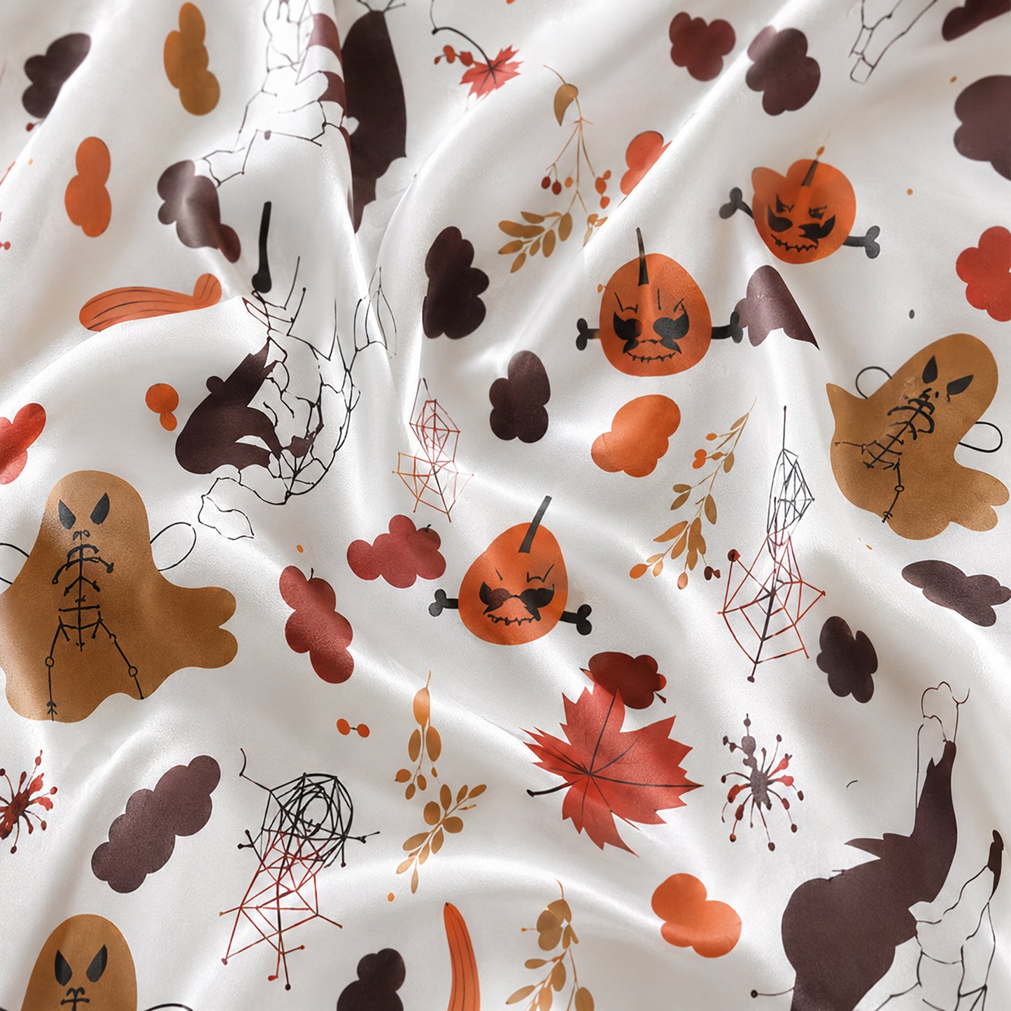 PJ-672-Halloween Magic Satin Pajama Set, Whimsical Printed Sleepwear, Cozy Autumn Loungewear, Seasonal Nightwear Gift