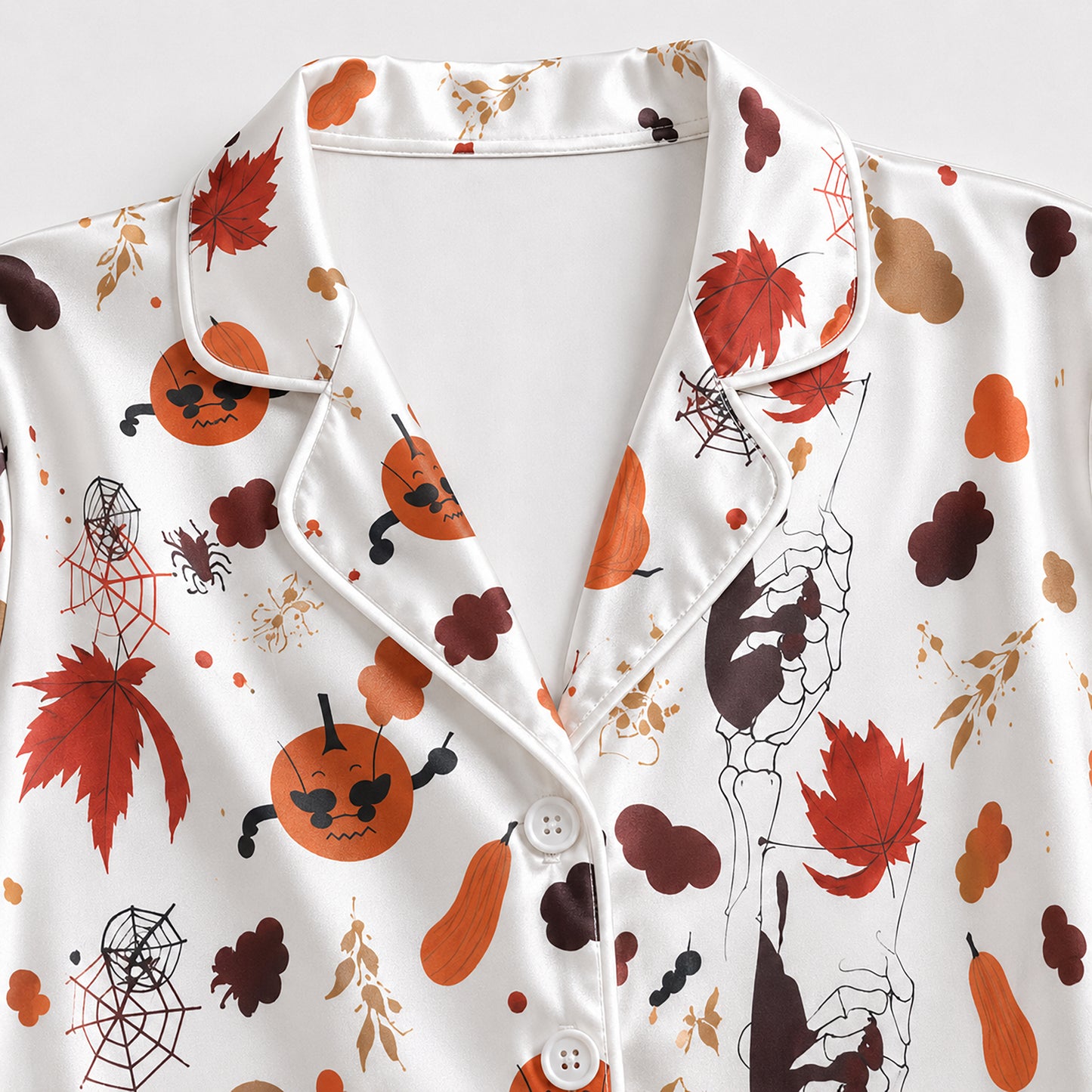 PJ-672-Halloween Magic Satin Pajama Set, Whimsical Printed Sleepwear, Cozy Autumn Loungewear, Seasonal Nightwear Gift