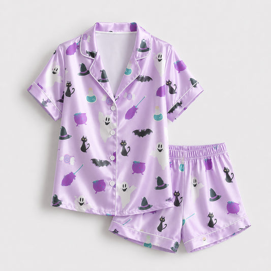 PJ-673-Spooky Fun Satin Pajamas, Playful Halloween Sleepwear Set, Soft Button Down Loungewear, Cozy Fall Gift