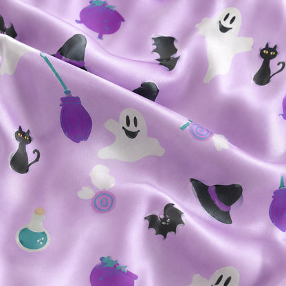 PJ-673-Spooky Fun Satin Pajamas, Playful Halloween Sleepwear Set, Soft Button Down Loungewear, Cozy Fall Gift