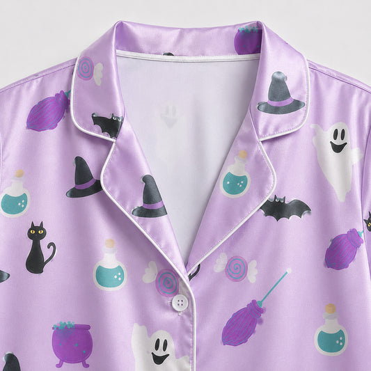 PJ-673-Spooky Fun Satin Pajamas, Playful Halloween Sleepwear Set, Soft Button Down Loungewear, Cozy Fall Gift