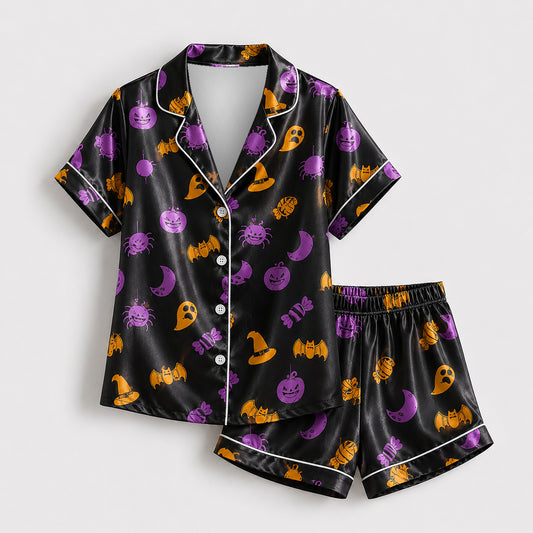 PJ-674-October Delight Pajama Set, Festive Halloween Satin Sleepwear, Cheerful Autumn Lounge Outfit