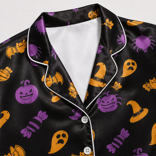 PJ-674-October Delight Pajama Set, Festive Halloween Satin Sleepwear, Cheerful Autumn Lounge Outfit