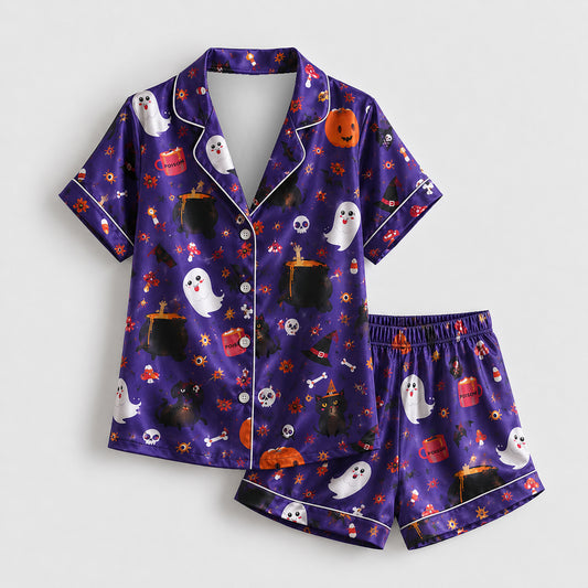 PJ-675-Halloween Whimsy Satin Pajamas, Fun Seasonal Print Sleepwear, Relaxed Fall Loungewear, Cozy Gift