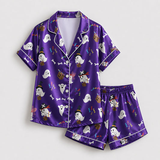 PJ-676-Spooky Festival Satin Pajama Set, Colorful Halloween Sleepwear, Cozy October Loungewear, Seasonal Boutique Gift