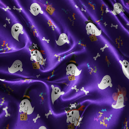 PJ-676-Spooky Festival Satin Pajama Set, Colorful Halloween Sleepwear, Cozy October Loungewear, Seasonal Boutique Gift