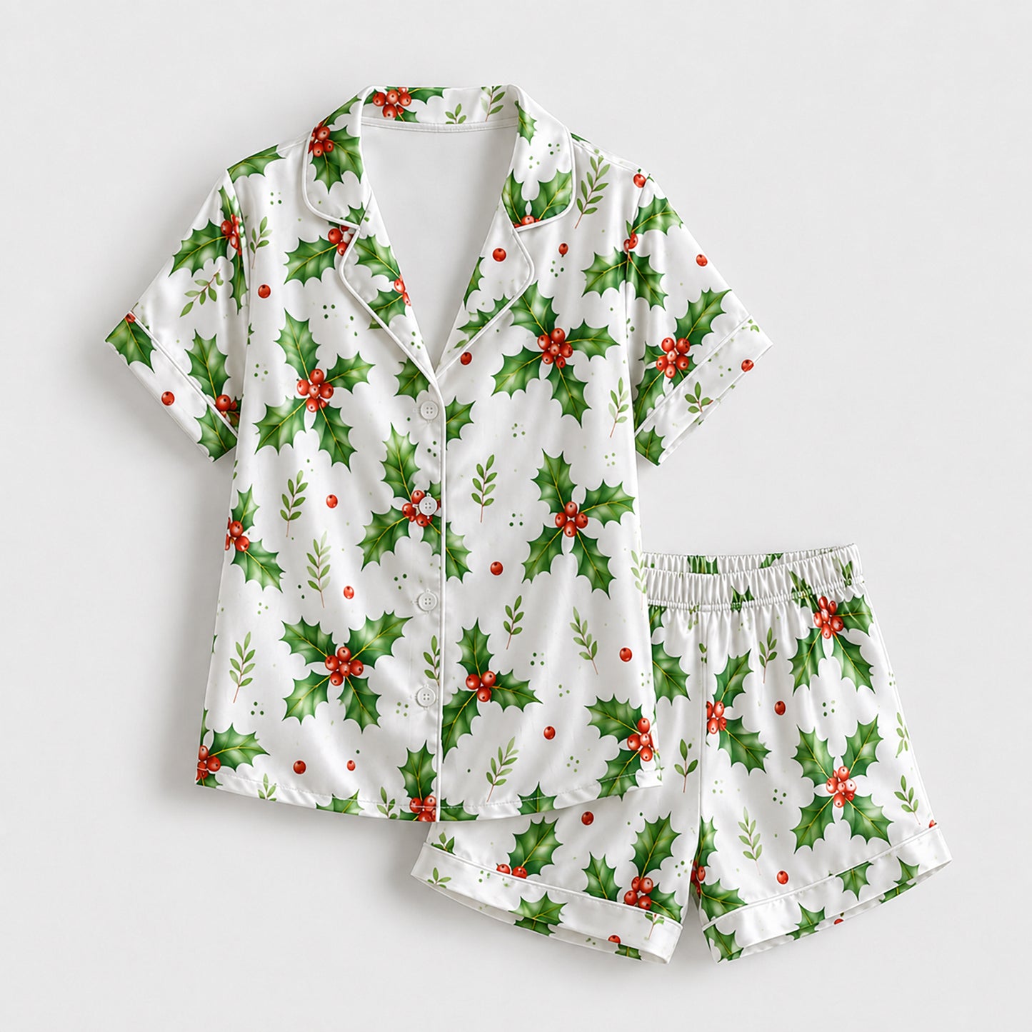 PJ-677-Merry Mistletoe Satin Pajama Set, Cozy Christmas Sleepwear, Festive Winter Loungewear, Thoughtful Holiday Gift