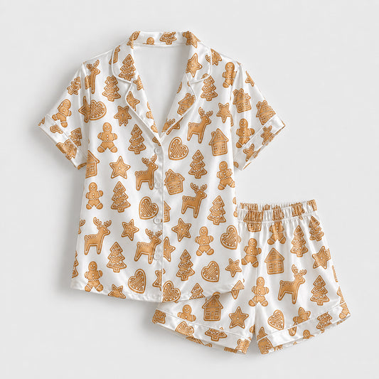 PJ-678-Cheerful Gingerbread Satin Pajama Set, Cute Christmas Sleepwear, Cozy Holiday Loungewear, Festive Winter Gift