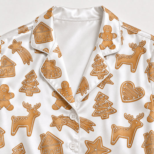 PJ-678-Cheerful Gingerbread Satin Pajama Set, Cute Christmas Sleepwear, Cozy Holiday Loungewear, Festive Winter Gift