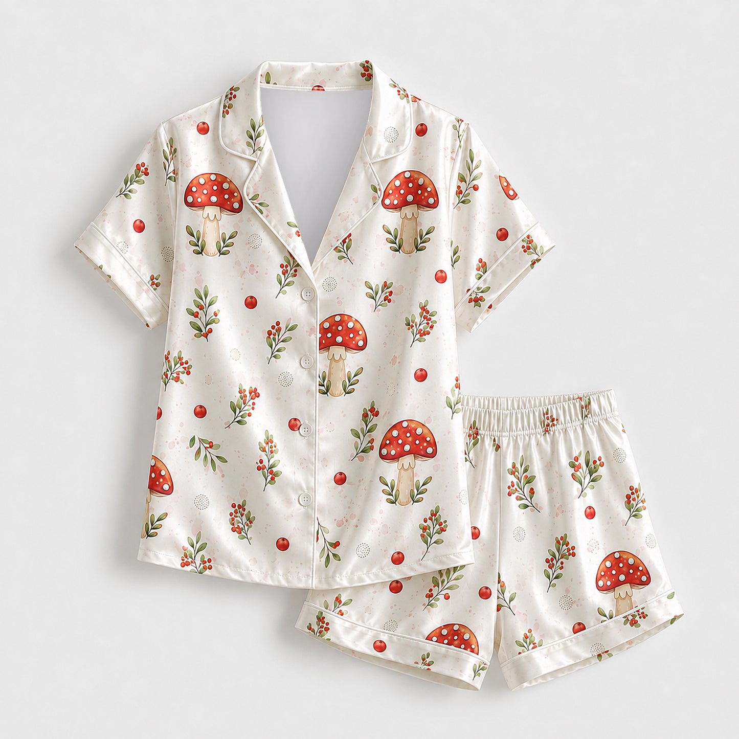 PJ-680-Whimsical Christmas Mushroom Satin Pajama Set, Festive Botanical Print Sleepwear, Cozy Winter Loungewear, Holiday Gift
