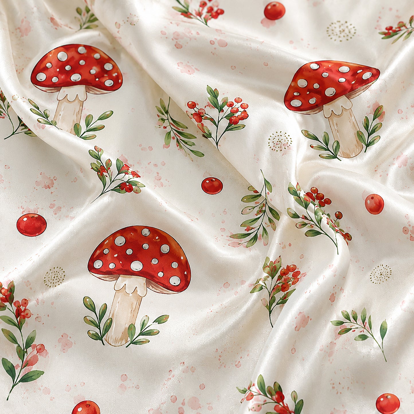 PJ-680-Whimsical Christmas Mushroom Satin Pajama Set, Festive Botanical Print Sleepwear, Cozy Winter Loungewear, Holiday Gift