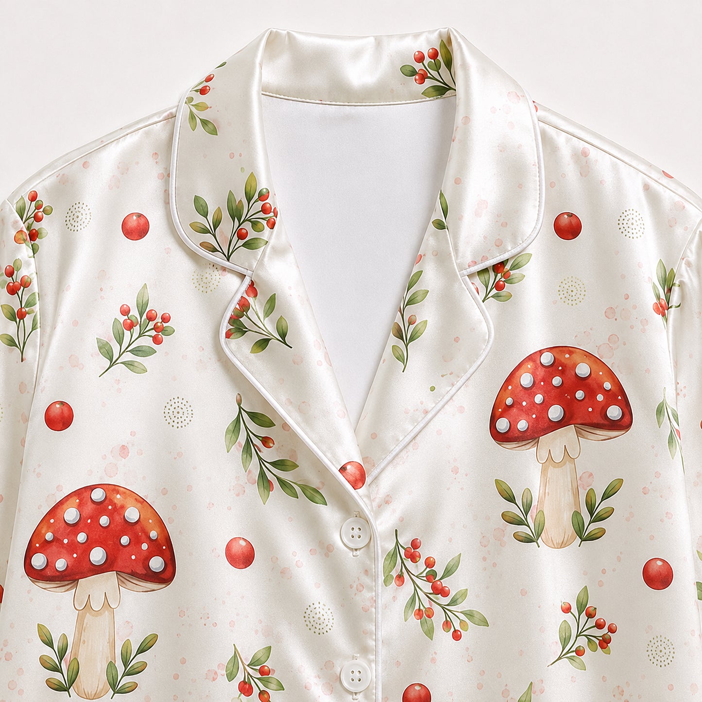 PJ-680-Whimsical Christmas Mushroom Satin Pajama Set, Festive Botanical Print Sleepwear, Cozy Winter Loungewear, Holiday Gift