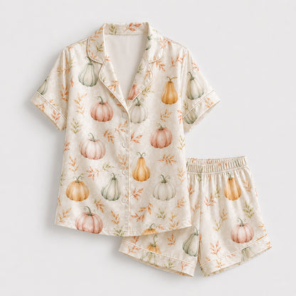 PJ-681-Pumpkin Pattern Satin Pajama Set, Cute Halloween Sleepwear, Cozy Autumn Loungewear, Festive October Gift