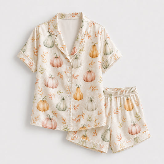 PJ-681-Pumpkin Pattern Satin Pajama Set, Cute Halloween Sleepwear, Cozy Autumn Loungewear, Festive October Gift
