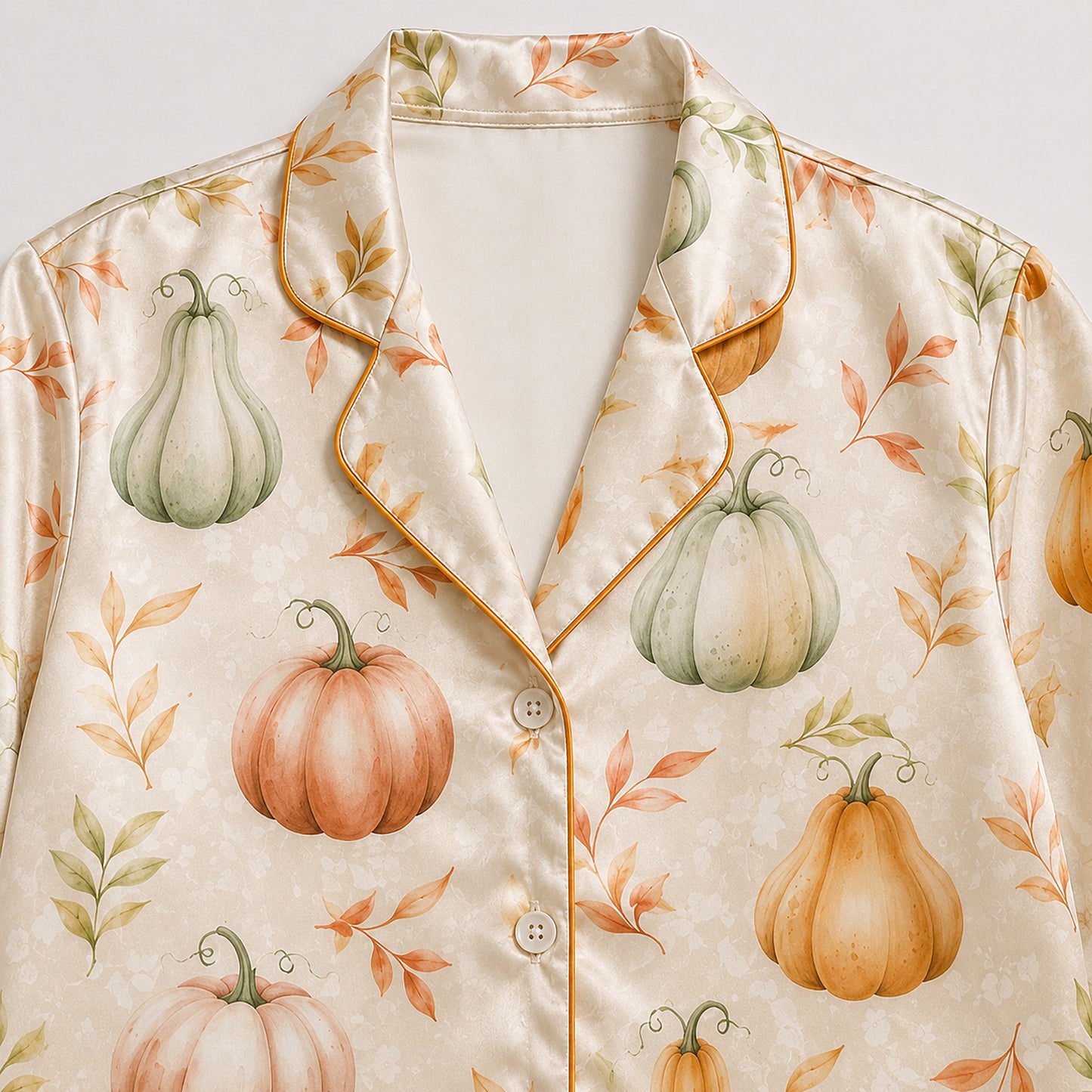 PJ-681-Pumpkin Pattern Satin Pajama Set, Cute Halloween Sleepwear, Cozy Autumn Loungewear, Festive October Gift