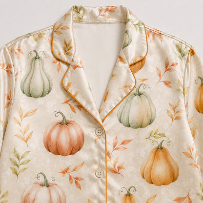 PJ-681-Pumpkin Pattern Satin Pajama Set, Cute Halloween Sleepwear, Cozy Autumn Loungewear, Festive October Gift