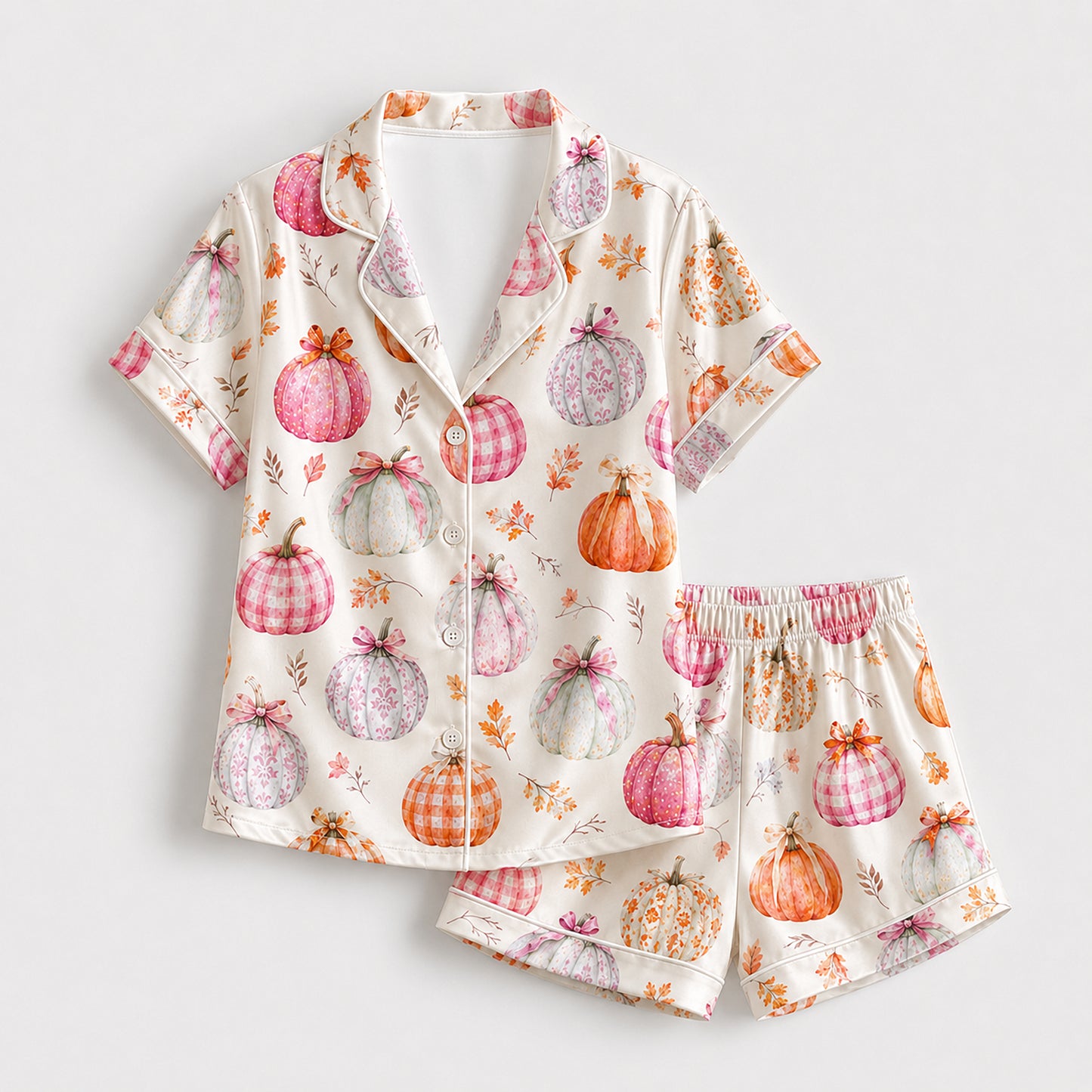 PJ-682-Whimsical Pumpkin Satin Pajamas, Playful Halloween Print Sleepwear, Soft Fall Lounge Set, Seasonal Gift
